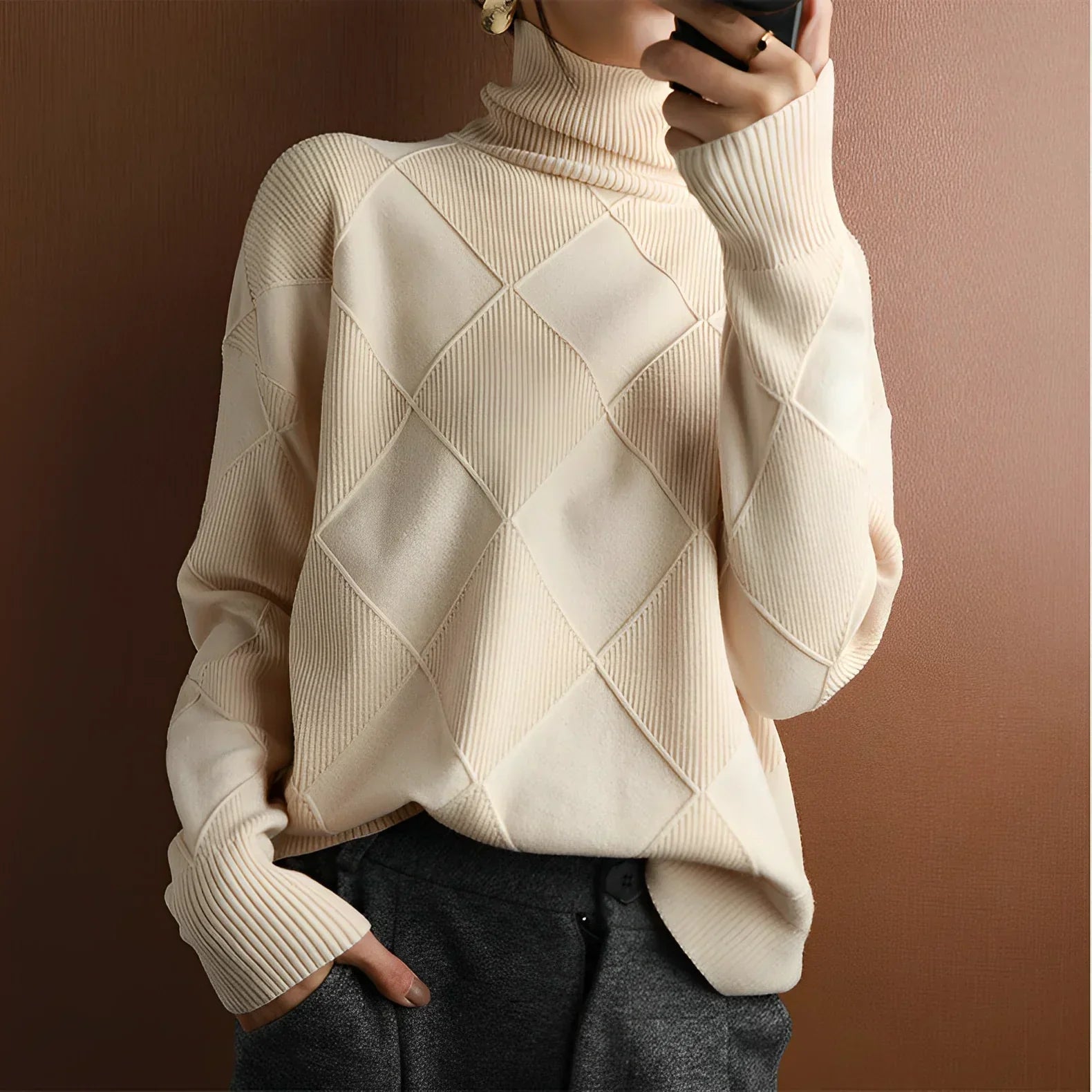 Elegant Turtleneck Sweater with Geometric Pattern
